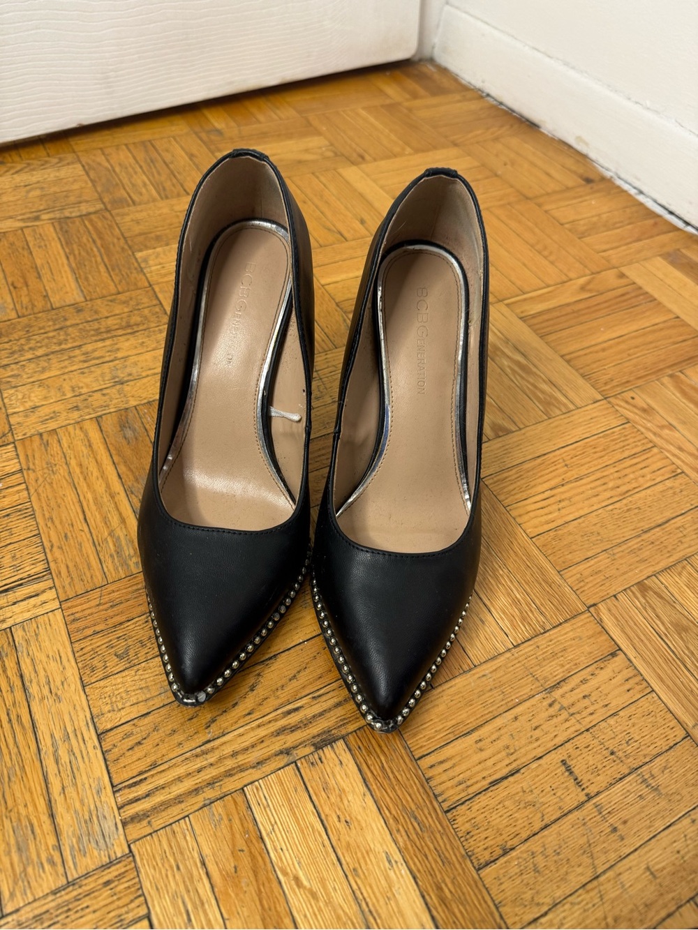 BCBGeneration Black Pointed Toe Studded Trim Pumps